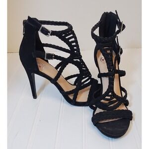 Black Strappy Braided Cage Open Toe Gladiator Stiletto Heels Women's Size 6M